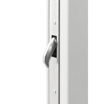 Detailní záběr na vysunutou kovovou hákovou závoru v rámu.