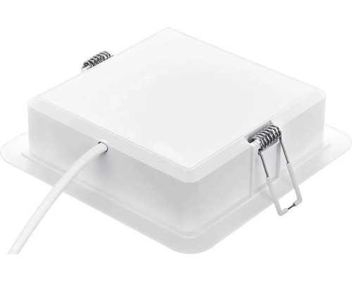 Čtvercové LED vestavné svítidlo v bílé barvě s montážními pružinami a připojovacím kabelem.