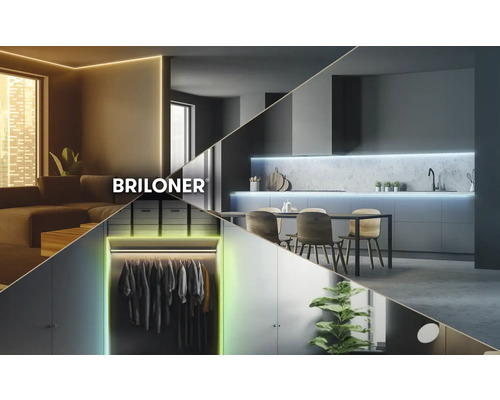 Logo Briloner v koláži zobrazující moderní obytné prostory, jako je obývací pokoj, kuchyň a šatní skříň, s akcentním osvětlením pomocí LED pásků.