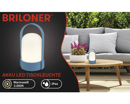 Briloner Logo, akumulátorová LED stolní lampa pro venkovní použití, teplé bílé světlo 3000 Kelvinů, ochrana IP44, přenosná lampa s rukojetí na stole.