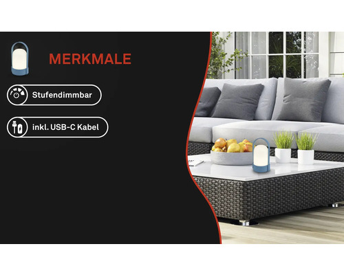 Přenosná LED stolní lampa na zahradním stole, stupňovitě stmívatelná, včetně kabelu USB-C.