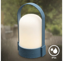 Přenosná venkovní LED lampa v modré barvě s madlem a bílým světelným tělesem, chráněná proti stříkající vodě podle IP44.