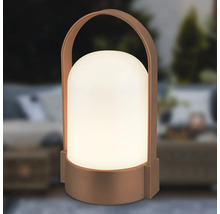 Přenosná venkovní LED lampa s rukojetí, teplý bílý svítící válec se zaoblenou horní částí a bronzovým krytem.