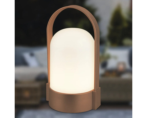 Přenosná venkovní LED lampa s rukojetí, teplý bílý svítící válec se zaoblenou horní částí a bronzovým krytem.