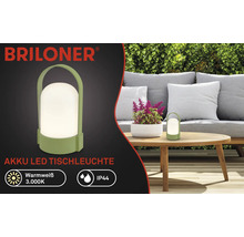 Briloner akumulátorová LED stolní lampa zelená pro venkovní použití, teplé bílé světlo 3000 Kelvinů, krytí IP44, přenosná s rukojetí.