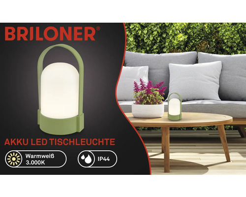 Briloner akumulátorová LED stolní lampa zelená pro venkovní použití, teplé bílé světlo 3000 Kelvinů, krytí IP44, přenosná s rukojetí.
