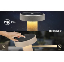 Solární stolní lampa Briloner s ochranou IP44 proti stříkající vodě a dotykovým stmívačem od circa 10 do 100 procent. Briloner Logo.