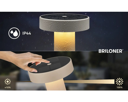 Solární stolní lampa Briloner s ochranou IP44 proti stříkající vodě a dotykovým stmívačem od circa 10 do 100 procent. Briloner Logo.