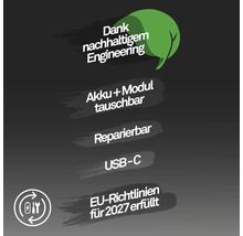 Informace o udržitelnosti: vyměnitelná baterie a modul, opravitelné, připojení USB-C, splňuje směrnice Evropské unie pro rok 2027.