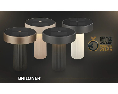 Solární stolní lampy Briloner s drážkovaným podstavcem a solárním panelem, Briloner Logo, ocenění German Design Award Winner 2026.