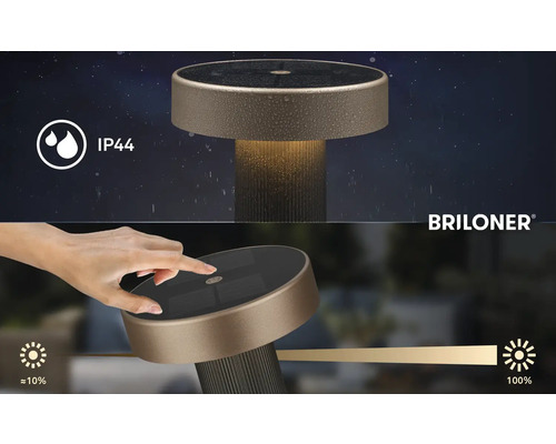 Briloner Logo. Solární stolní lampa s krytím IP44 a dotykovým stmívačem od 10 do 100 procent.
