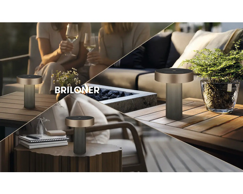 Moderní stolní lampa Briloner s kovovou horní částí a drážkovaným podstavcem na terase a balkonu, Briloner Logo.