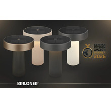 Solární stolní lampy Briloner s drážkovaným podstavcem a solárním panelem, Briloner Logo, ocenění German Design Award Winner 2026.