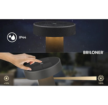 Venkovní solární svítidlo IP44, odolné proti stříkající vodě a dotykové stmívání od circa 10 do 100 procent. Briloner Logo.