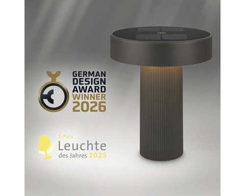 Moderní solární stolní lampa s oceněními German Design Award Winner 2026 a Svitidlo roku 2025.