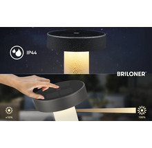 Stolní LED lampa Briloner s ochranou proti stříkající vodě IP44 a funkcí dotykového stmívání od přibližně 10 do 100 procent.
