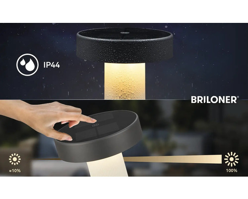 Stolní LED lampa Briloner s ochranou proti stříkající vodě IP44 a funkcí dotykového stmívání od přibližně 10 do 100 procent.