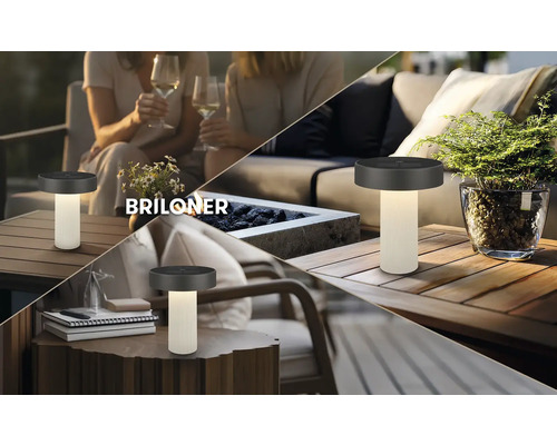 Venkovní stolní LED lampa Briloner na baterie, přenosná, na dřevěných plochách v různých zahradních scénách s Briloner Logo.