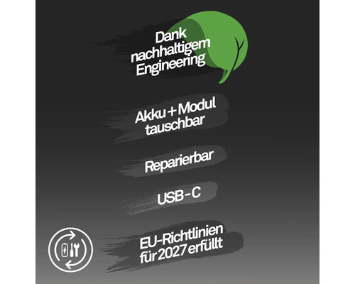 Informace o udržitelnosti: vyměnitelná baterie a modul, opravitelné, připojení USB-C, splňuje směrnice Evropské unie pro rok 2027.
