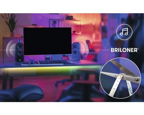 Briloner Logo, herní sestava s LED páskem, synchronizace s hudbou a zobrazení zkrátitelného LED pásku.