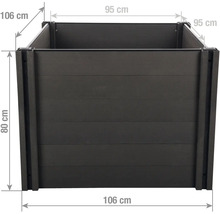 Vyvýšený záhon s rozměry: šířka 106 centimetrů, hloubka 106 centimetrů, výška 80 centimetrů. Vnitřní rozměr 95 na 95 centimetrů.