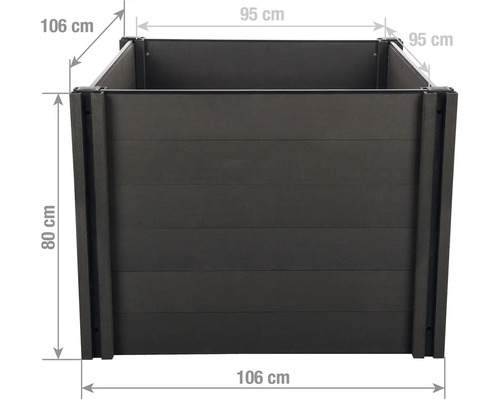 Vyvýšený záhon s rozměry: šířka 106 centimetrů, hloubka 106 centimetrů, výška 80 centimetrů. Vnitřní rozměr 95 na 95 centimetrů.