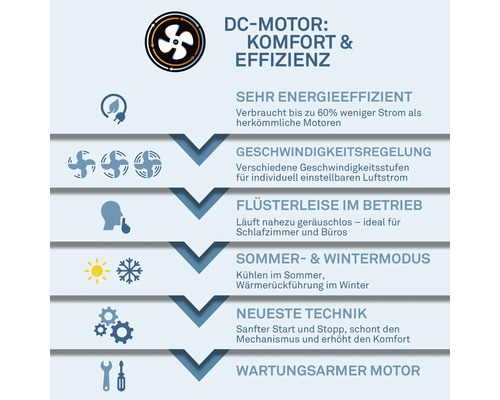 Infografika ke stejnosměrným motorům pro ventilátory: energetická účinnost, regulace rychlosti, tichý chod a letní i zimní režim.