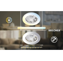 Briloner Logo. Stropní LED ventilátor s nastavitelnou teplotou barev, funkcí stmívání od 10 do 100 procent a dálkovým ovládáním.