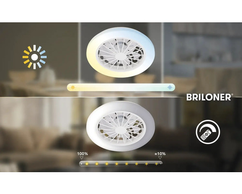 Briloner Logo. Stropní LED ventilátor s nastavitelnou teplotou barev, funkcí stmívání od 10 do 100 procent a dálkovým ovládáním.