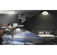 Briloner Logo. Koláž stropního ventilátoru s integrovaným LED osvětlením v moderní kanceláři, ložnici a na terase.