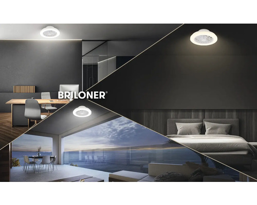 Briloner Logo. Koláž stropního ventilátoru s integrovaným LED osvětlením v moderní kanceláři, ložnici a na terase.