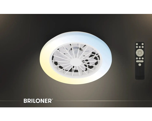 Stropní ventilátor Briloner s LED osvětlením a dálkovým ovládáním. Kulatý design s nastavitelnou teplotou barev. Briloner Logo.