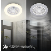 Stropní ventilátor s LED osvětlením, ventilátor a světlo samostatně ovladatelné, montáž na strop v interiéru.