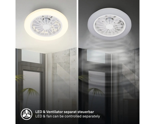 Stropní ventilátor s LED osvětlením, ventilátor a světlo samostatně ovladatelné, montáž na strop v interiéru.