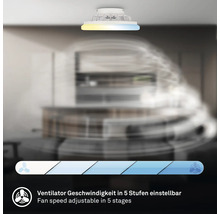 Stropní ventilátor s integrovaným osvě tlením a rychlostí ventilátoru nastavitelnou v pěti stupních.