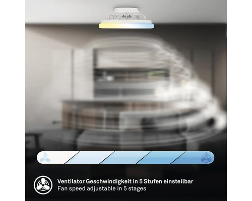 Stropní ventilátor s integrovaným osvě tlením a rychlostí ventilátoru nastavitelnou v pěti stupních.