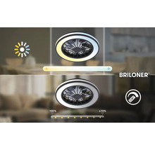 Briloner Logo. Stropní ventilátor se světlem, teplota barev teplá až studená bílá, stmívatelný 100 až circa 10 procent, dálkové ovládání.
