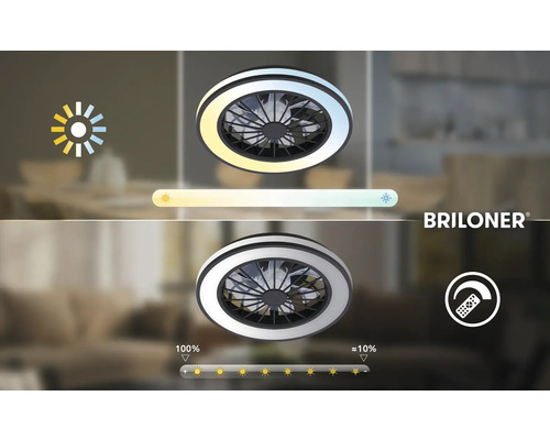 Briloner Logo. Stropní ventilátor se světlem, teplota barev teplá až studená bílá, stmívatelný 100 až circa 10 procent, dálkové ovládání.