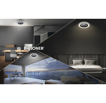 Stropní ventilátor Briloner s LED v moderní kanceláři, ložnici a na terase s výhledem na moře. Briloner Logo.