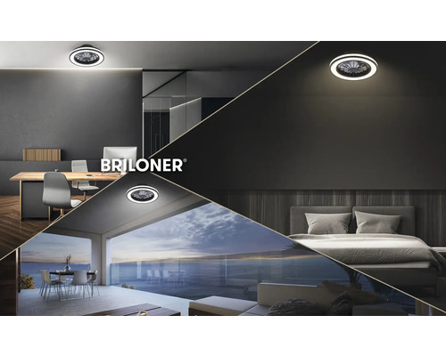 Stropní ventilátor Briloner s LED v moderní kanceláři, ložnici a na terase s výhledem na moře. Briloner Logo.