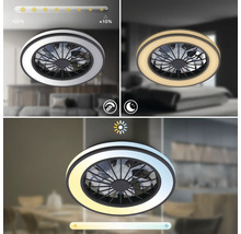 Moderní kulatý stropní LED ventilátor se světlem, stmívatelný od 100 do přibližně 10 procent, noční režim a nastavitelná teplota barev.