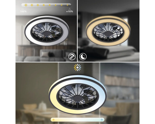 Moderní kulatý stropní LED ventilátor se světlem, stmívatelný od 100 do přibližně 10 procent, noční režim a nastavitelná teplota barev.