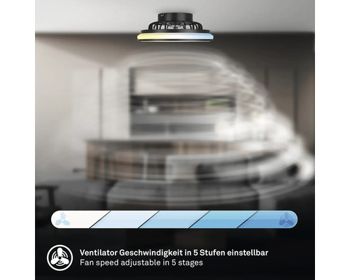 Černý stropní ventilátor s LED světelným kruhem, rychlost ventilátoru nastavitelná v pěti stupních, v moderně zařízeném prostoru.