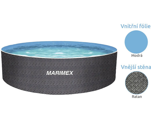 Kruhový nadzemní bazén Marimex s vnější stěnou v dekoru ratanu a modrou vnitřní fólií.