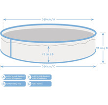 Nákres kulatého bazénu s rozměry: vnitřní průměr 360 centimetrů, vnější průměr 364 centimetrů, výška hladiny vody 76 centimetrů a výška 91 centimetrů.