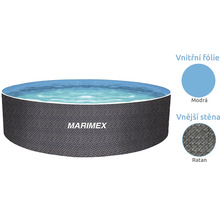 Kulatý bazén Marimex s vnější stěnou v ratanovém vzhledu a modrou vnitřní fólií.