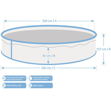 Rozměry kruhového bazénu: vnější průměr 360 centimetrů, vnitřní průměr 364 centimetrů, výška 107 centimetrů, výška hladiny vody 92 centimetrů.