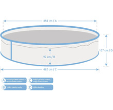 Rozměry kulatého bazénu: vnitřní průměr 458 centimetrů, hladina vody 92 centimetrů, vnější průměr 462 centimetrů, celková výška 107 centimetrů.