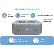 Nafukovací vířivka Marimex pro 4 osoby, objem 600 litrů, 110 vzduchových trysek, vestavěná filtrace, funkce Frost-Guard a zimní provoz.