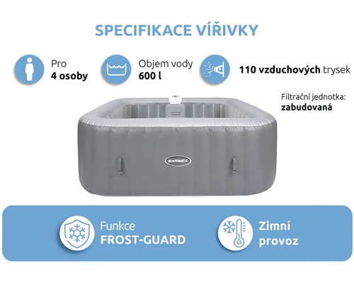 Nafukovací vířivka Marimex pro 4 osoby, objem 600 litrů, 110 vzduchových trysek, vestavěná filtrace, funkce Frost-Guard a zimní provoz.
